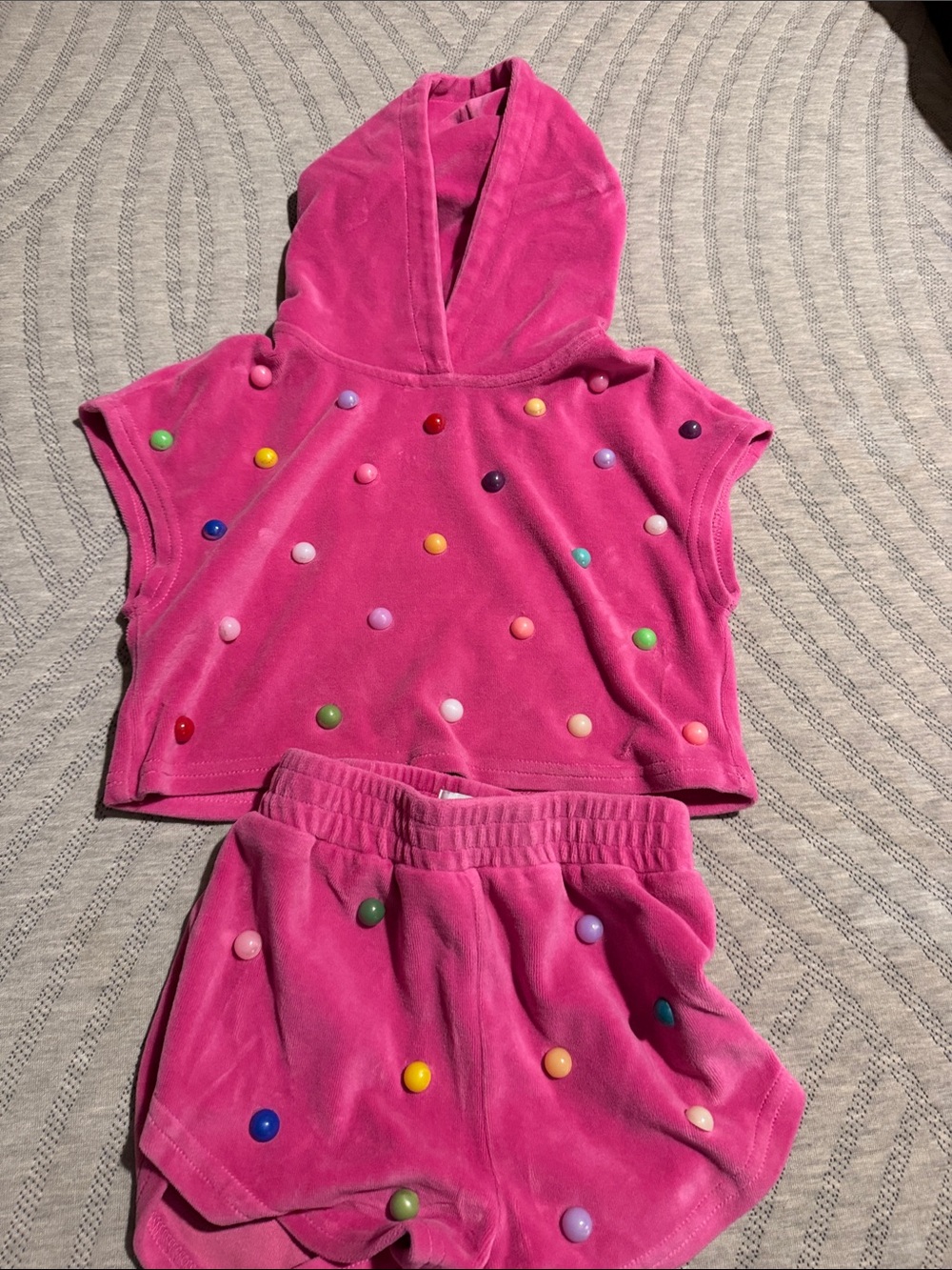 Lola + The Boys Hot Pink Velour Hooded Top & Shorts Set with Multicolor Pom Dots